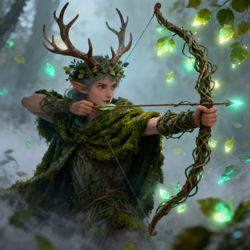 AI forest spirit archer with glowing foliage