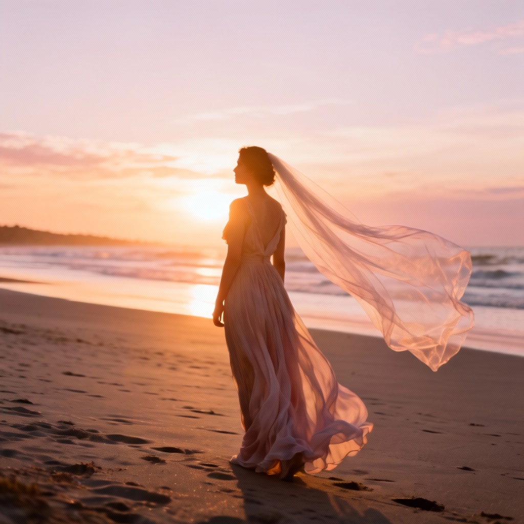 AI solo wedding bride on sunset beach
