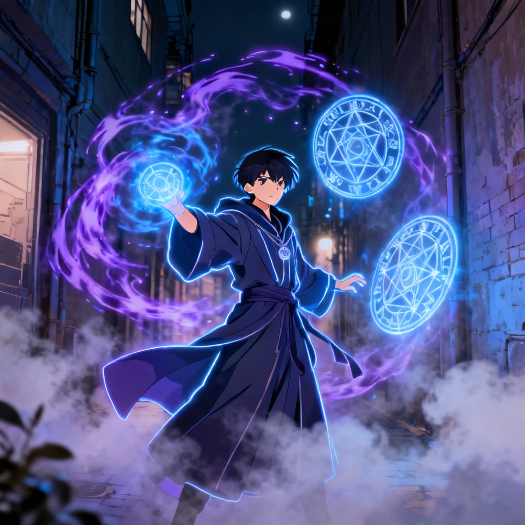 AI modern anime urban mage with glowing magic in alley