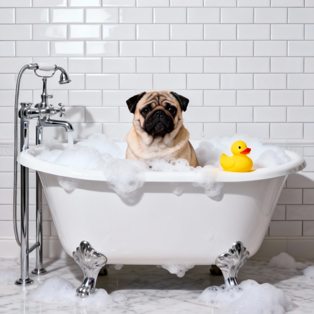 AI bathroom pet portrait of a pug in a bubble bath