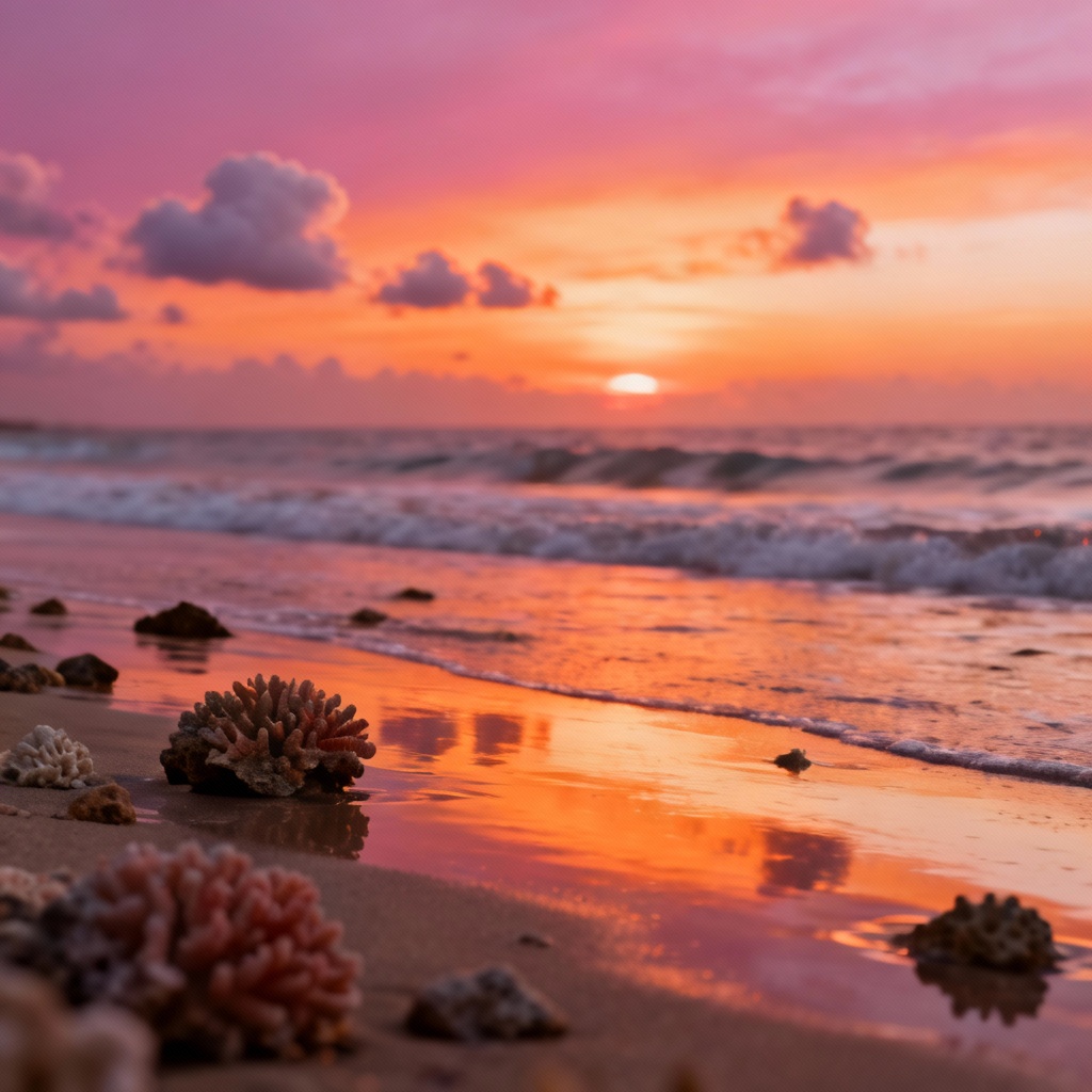 AI sunset beach scene with glowing sky and reflective shoreline