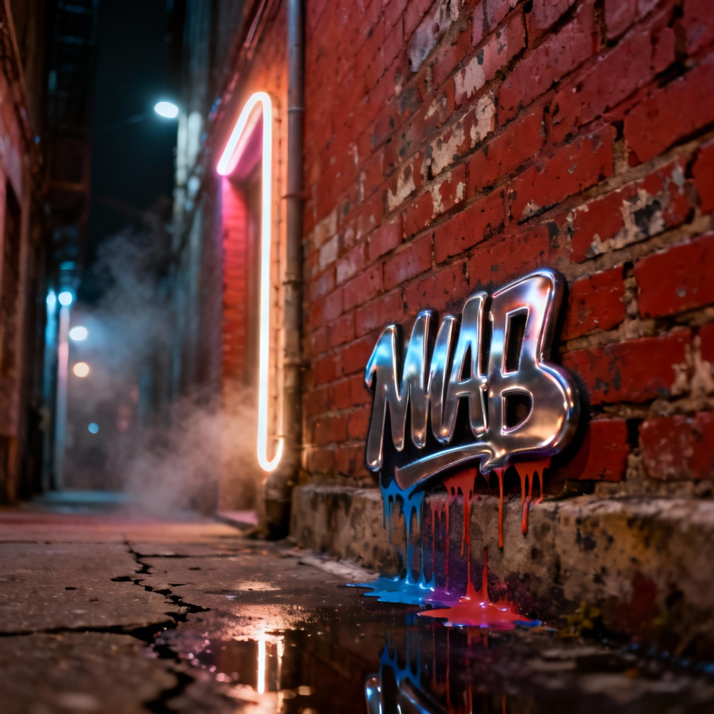 AI neon chrome graffiti tag on brick wall
