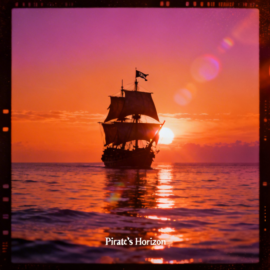 AI One Piece cinematic poster with ship at sunset and warm glow