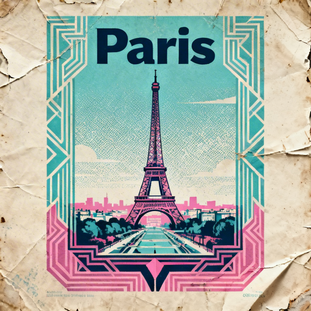 AI vintage travel poster of Paris in art deco style