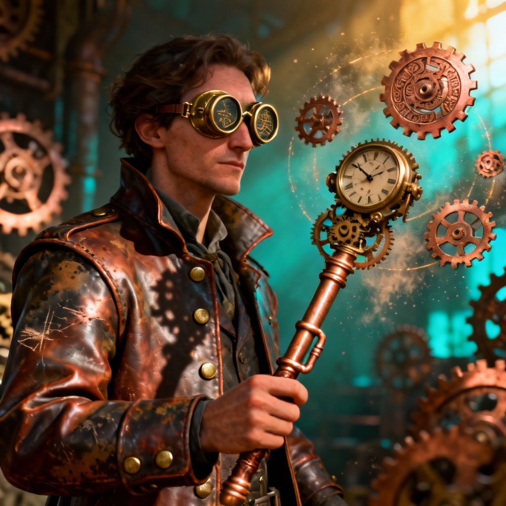 AI steampunk mage with gears and goggles