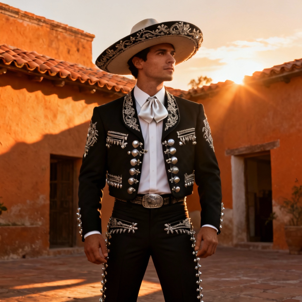 AI charro suit outfit with sombrero and silver details