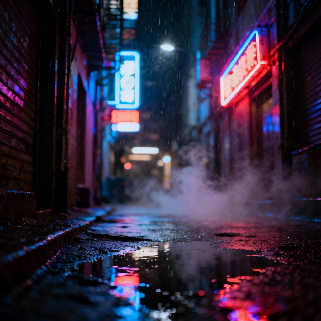 AI rainy neon urban alley with noir mood
