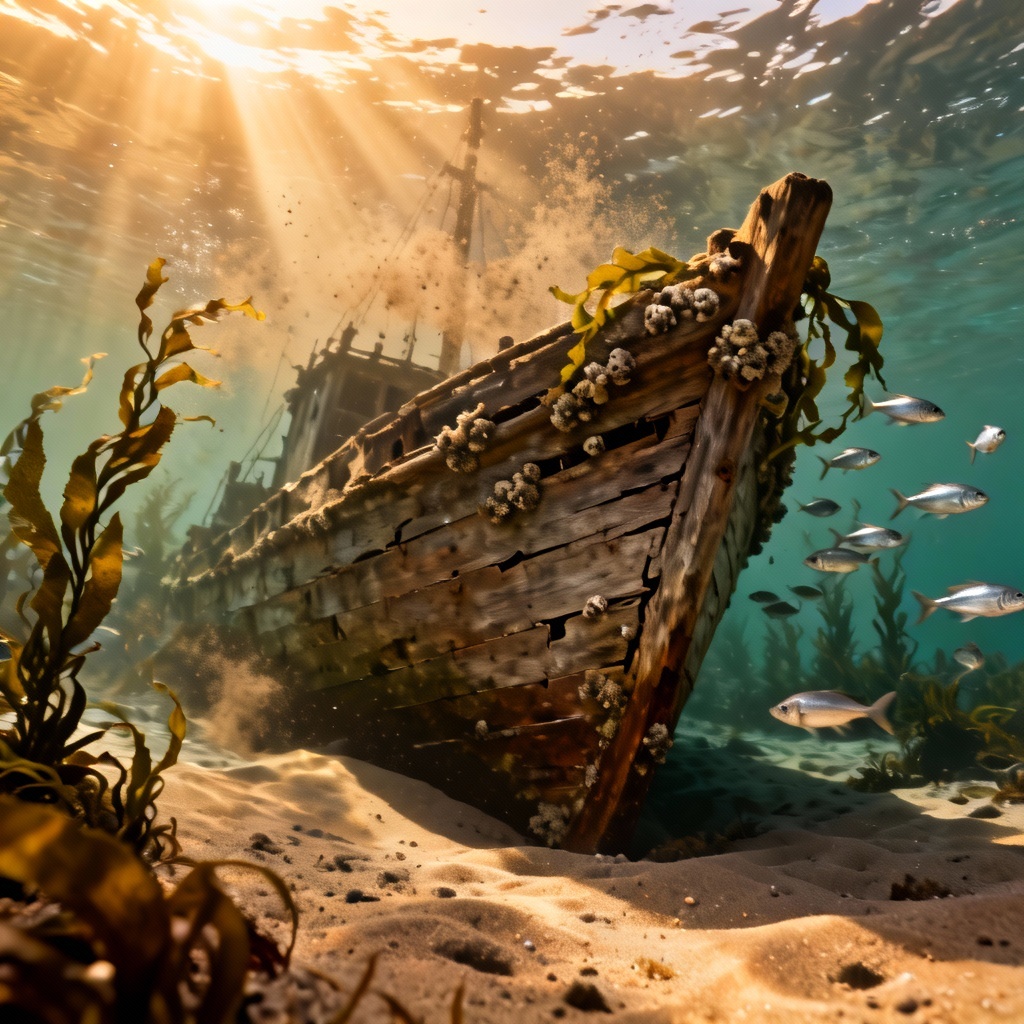 AI ancient shipwreck with soft light and kelp forest