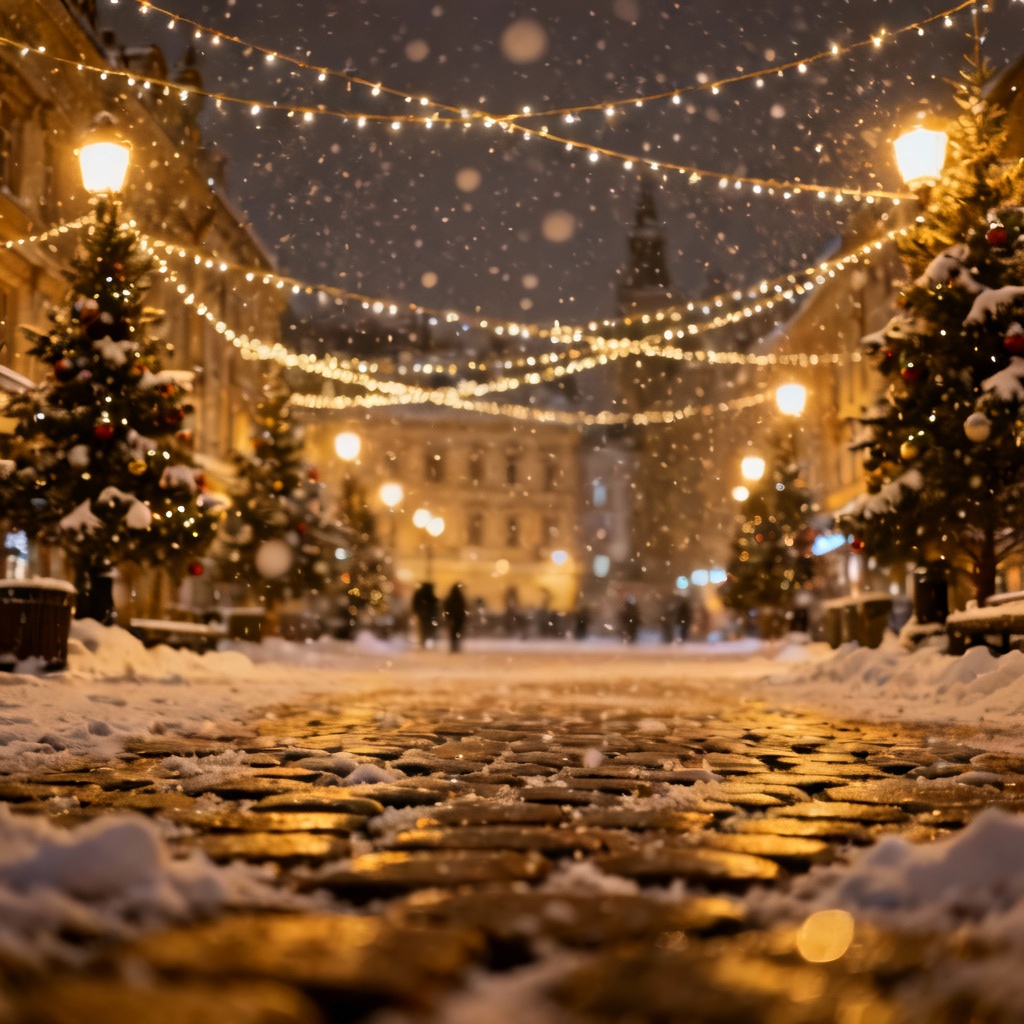 AI Christmas winter background of a festive town square