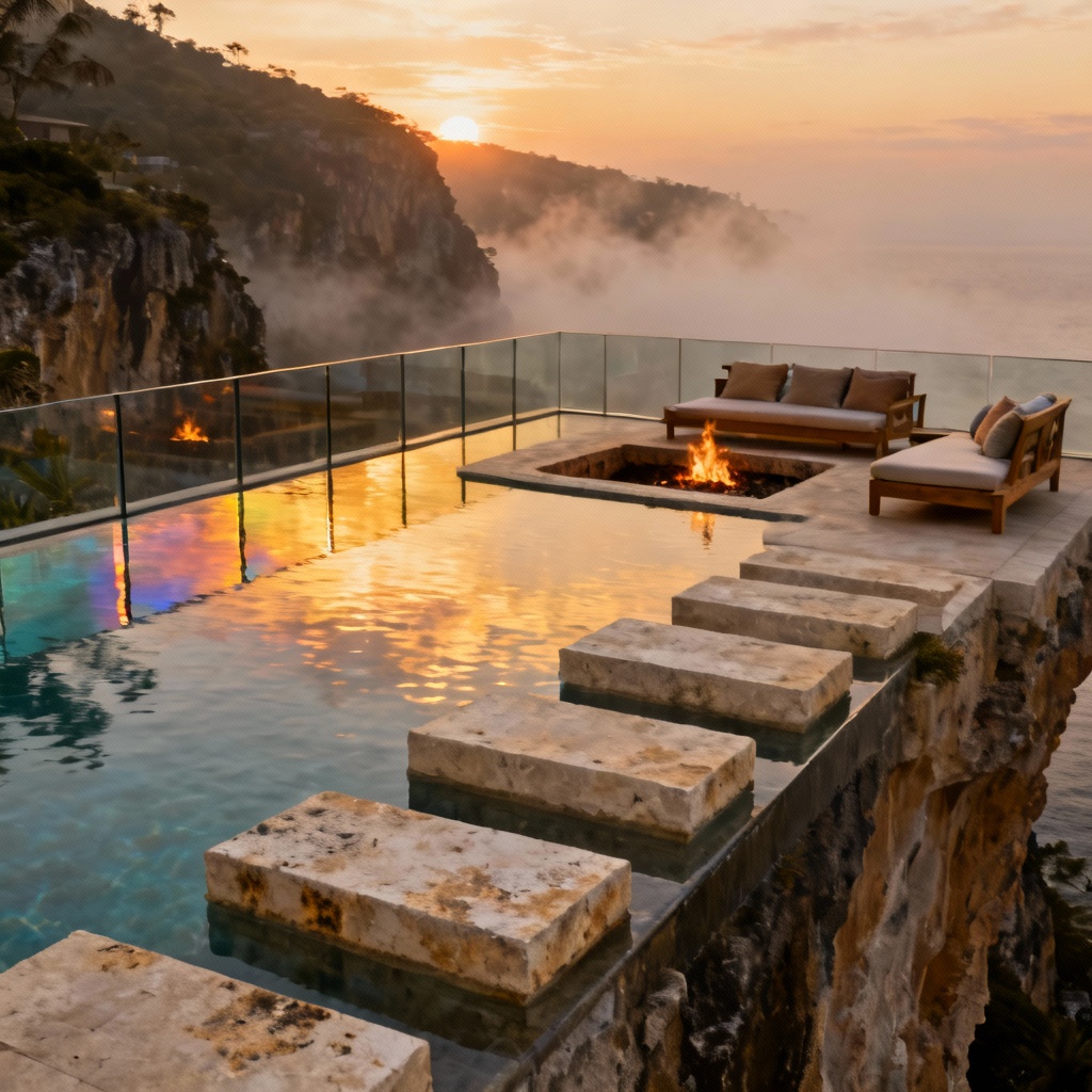 Modern cliffside infinity pool with floating steps and fire bowls