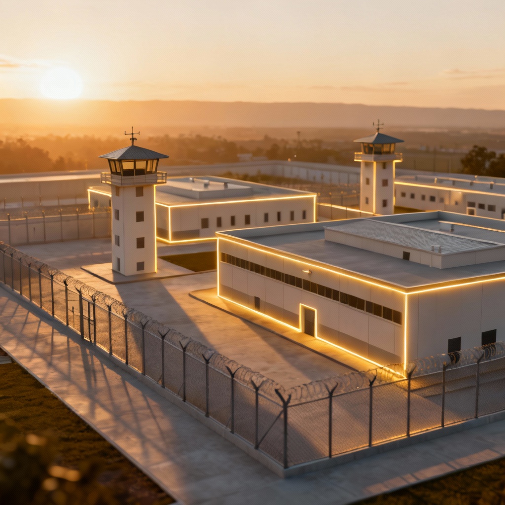 Isometric modern prison complex at sunrise