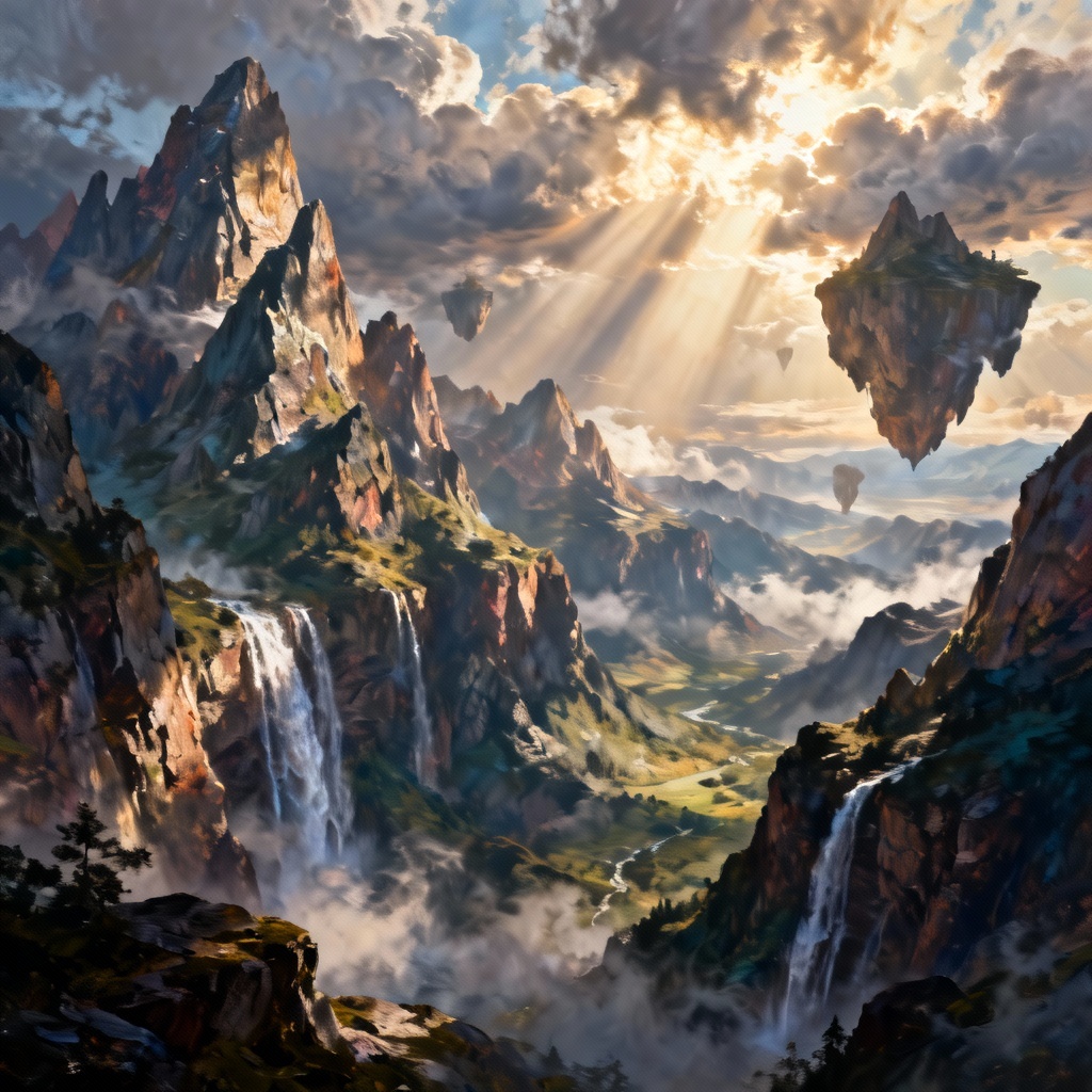 Epic fantasy matte painting of floating mountain range