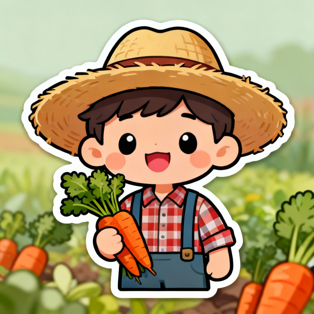 Cartoon farmer with straw hat holding fresh carrots