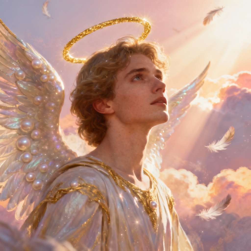 AI angelic portrait with glowing halo and pearlescent wings