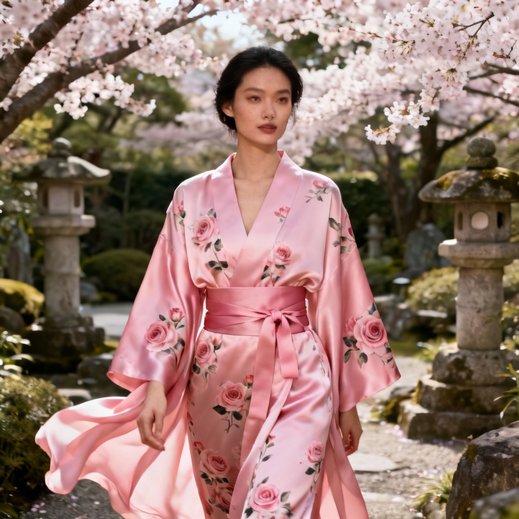 AI silk kimono pink robe with rose pattern
