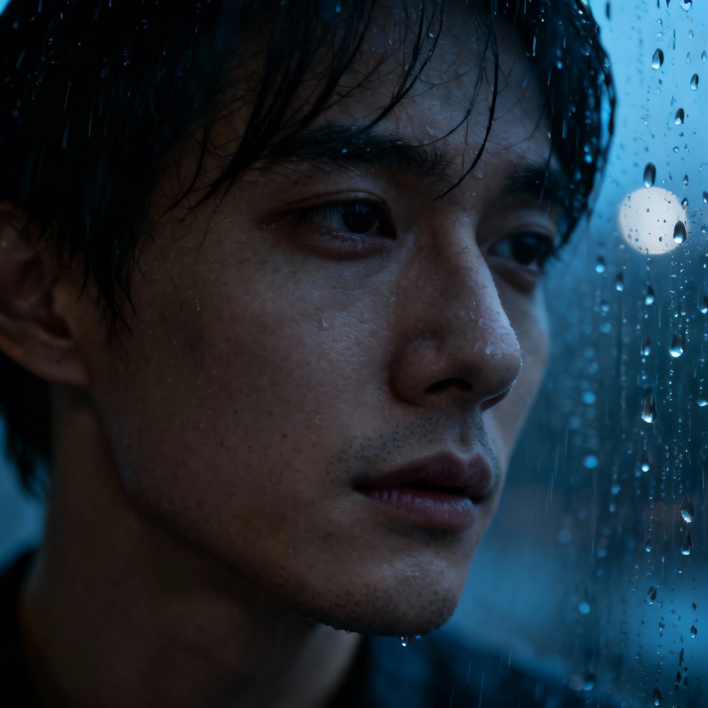 Low key portrait with rain streaks and desaturated palette