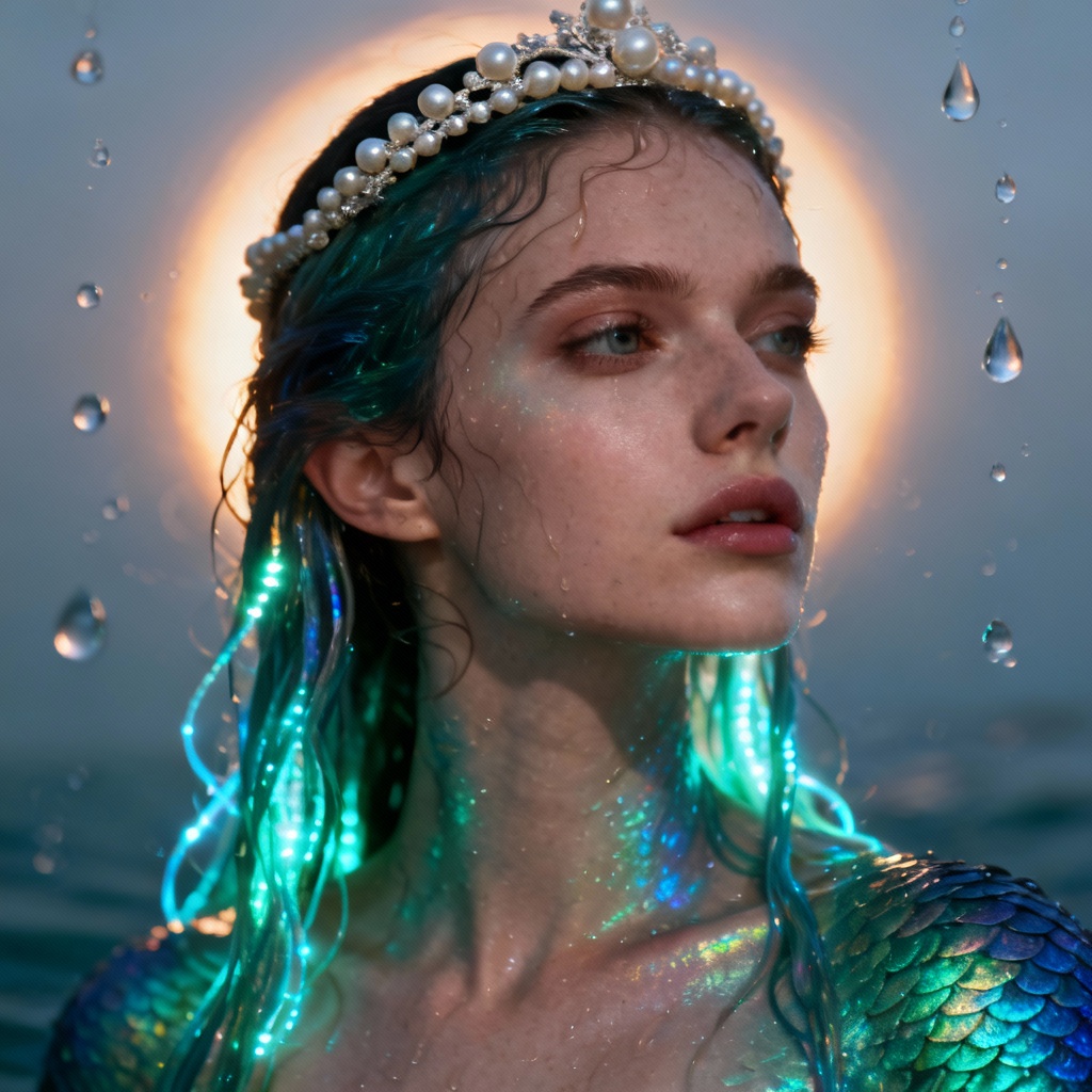Photoreal portrait of a siren with pearl crown
