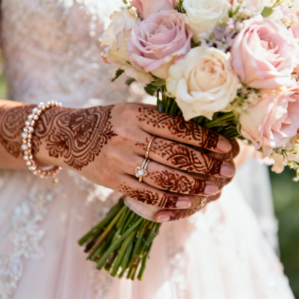AI detailed henna bridal hands with bouquet