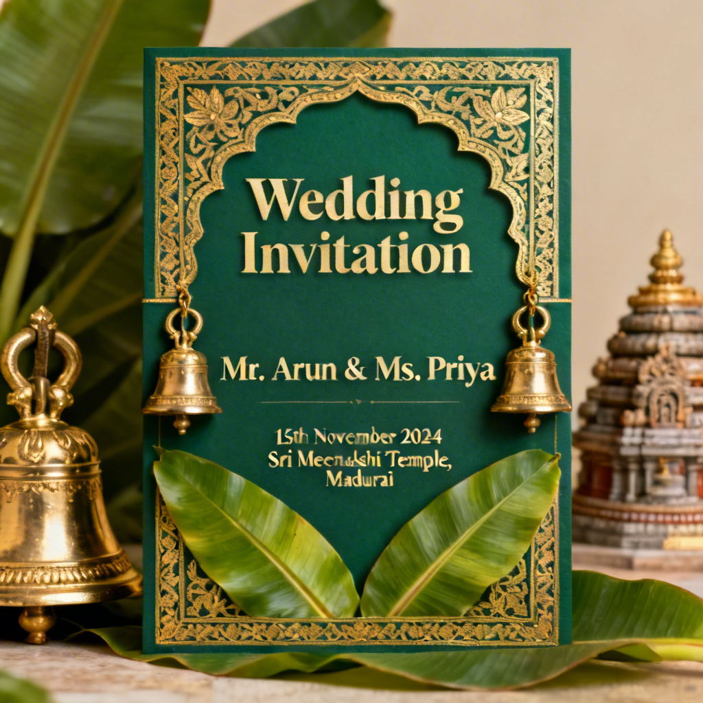 AI South Indian wedding invitation with temple bells and green accents