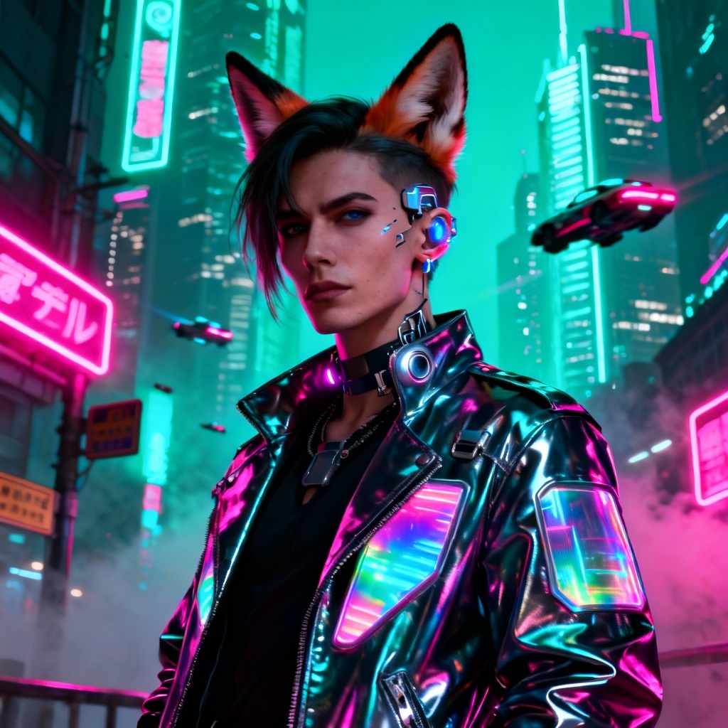 AI cyberpunk portrait with fox ears