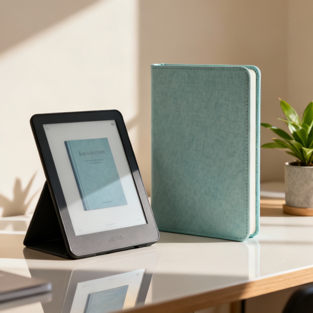 Ebook reader beside a hardcover book mockup