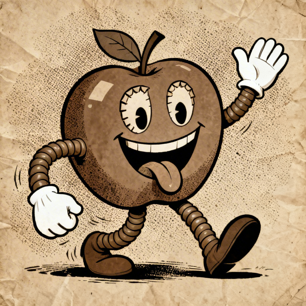 Vintage rubber hose style apple with tongue out