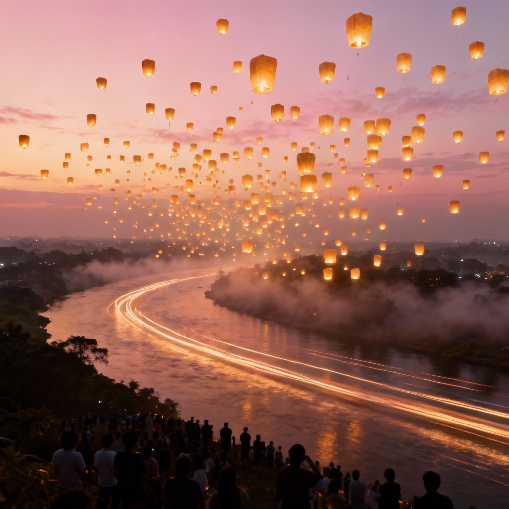 AI sky lantern festival aerial with glowing trails