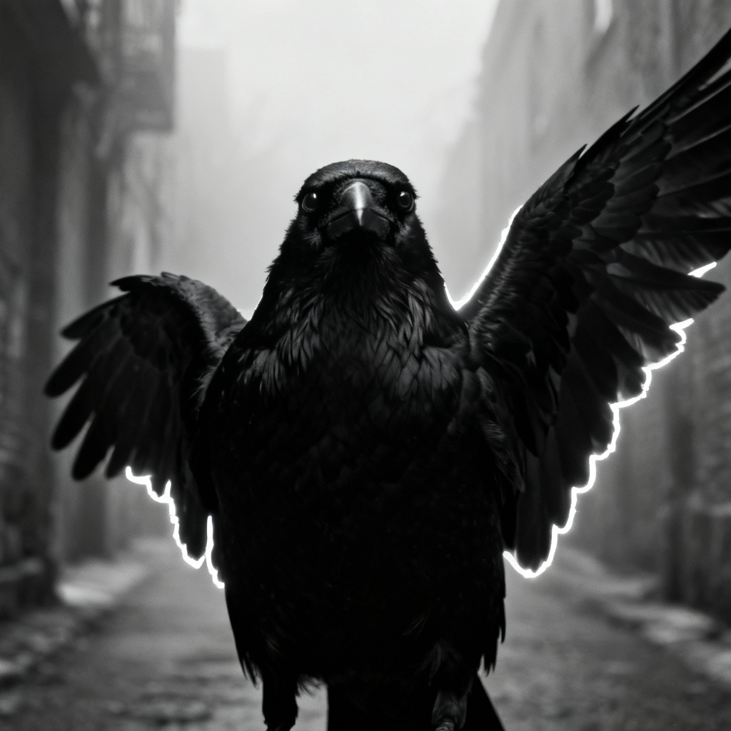 AI noir portrait featuring black crow wings