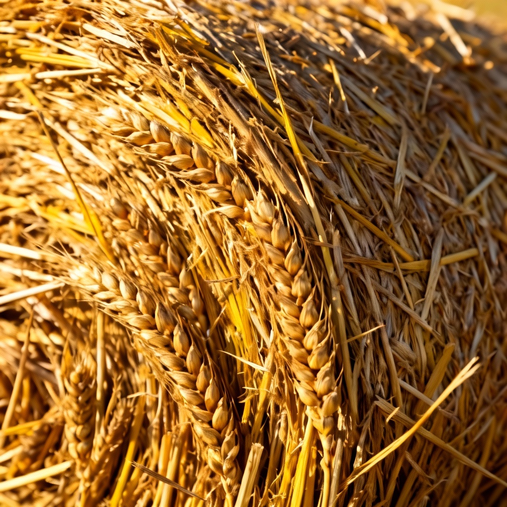 AI macro texture of wheat straw bale with golden fibers
