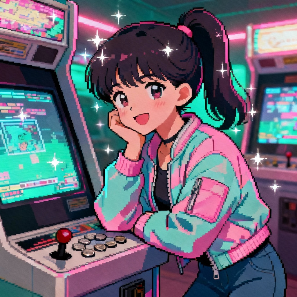 AI 90s anime girl in retro arcade