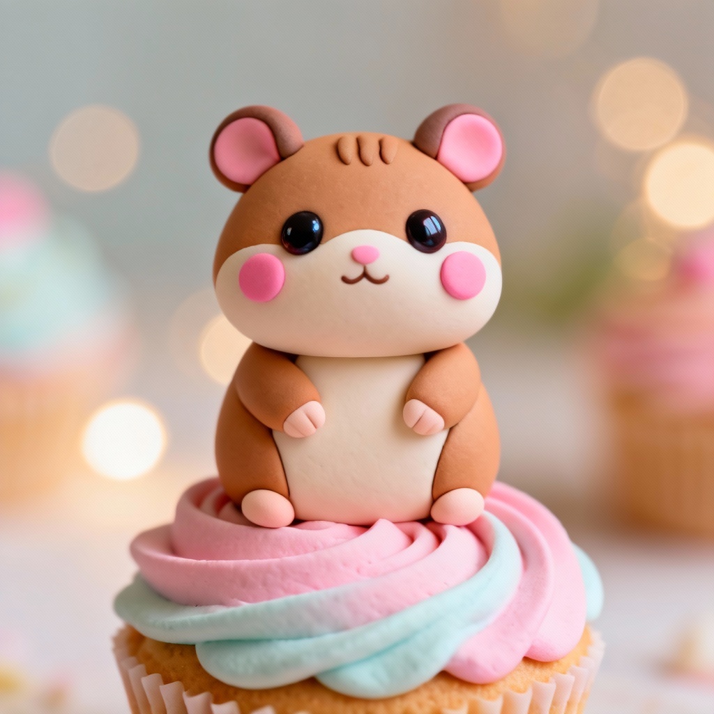 AI clay hamster cupcake topper with cute face