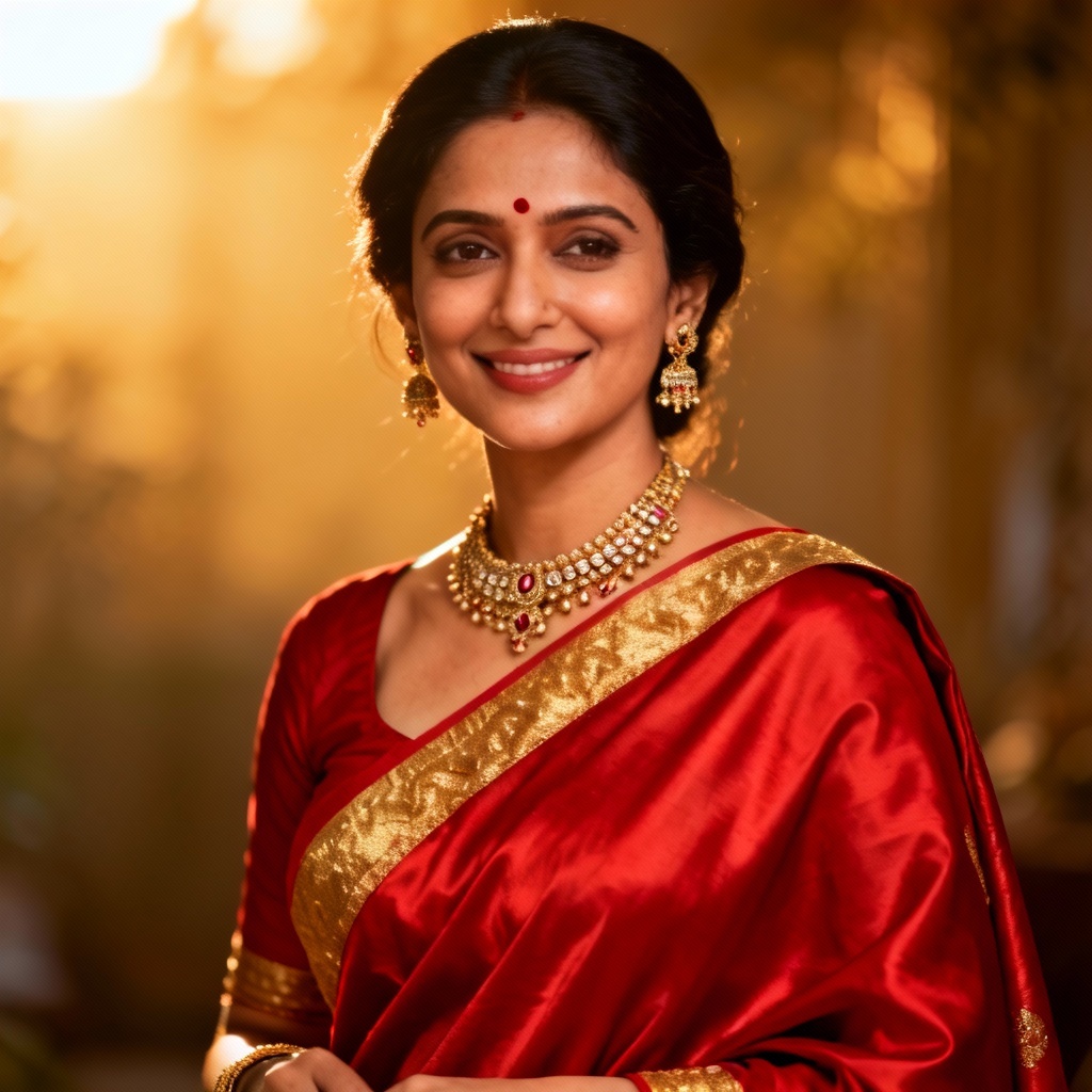 AI portrait of an adult Indian woman wearing a red sari with gold border