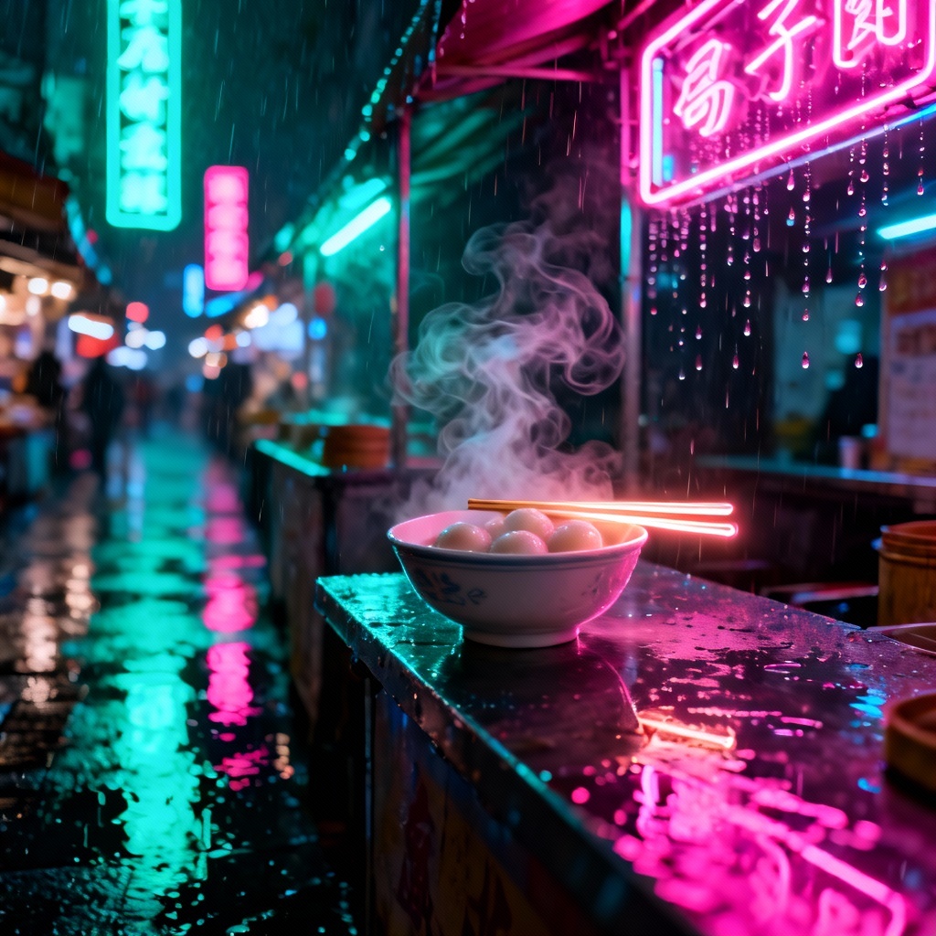 AI neon cyberpunk street with a glowing tangyuan bowl
