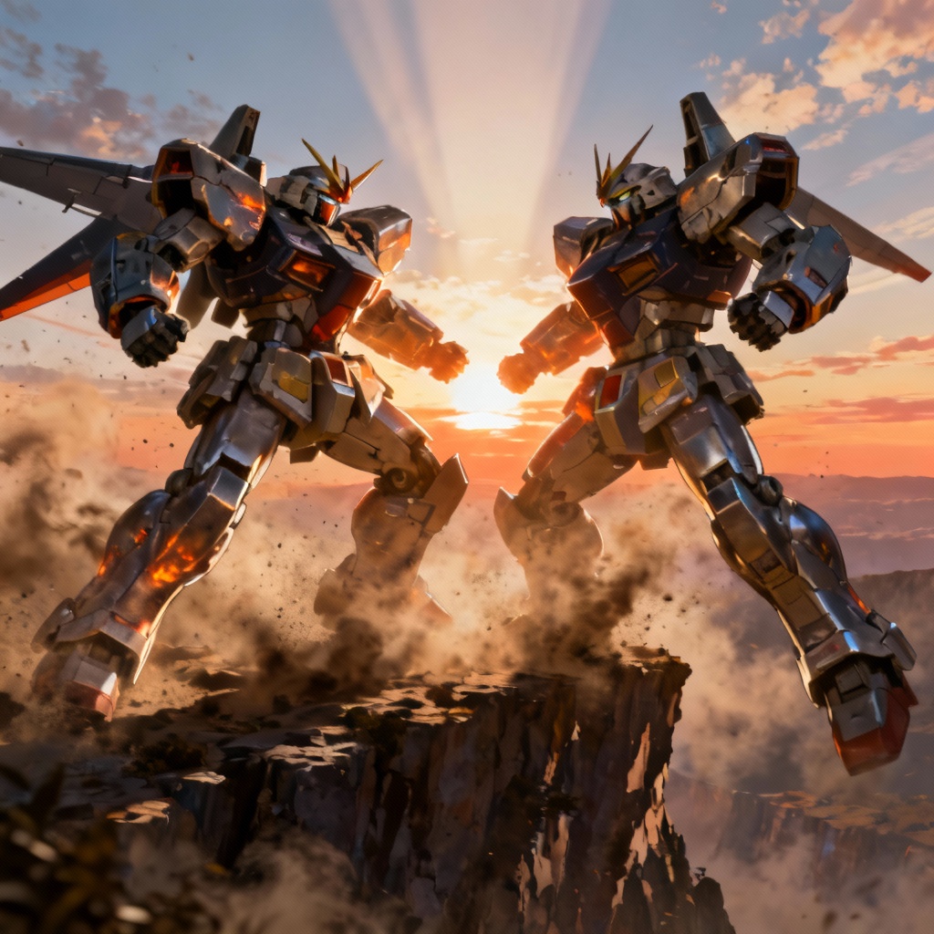 AI anime mecha battle at sunrise