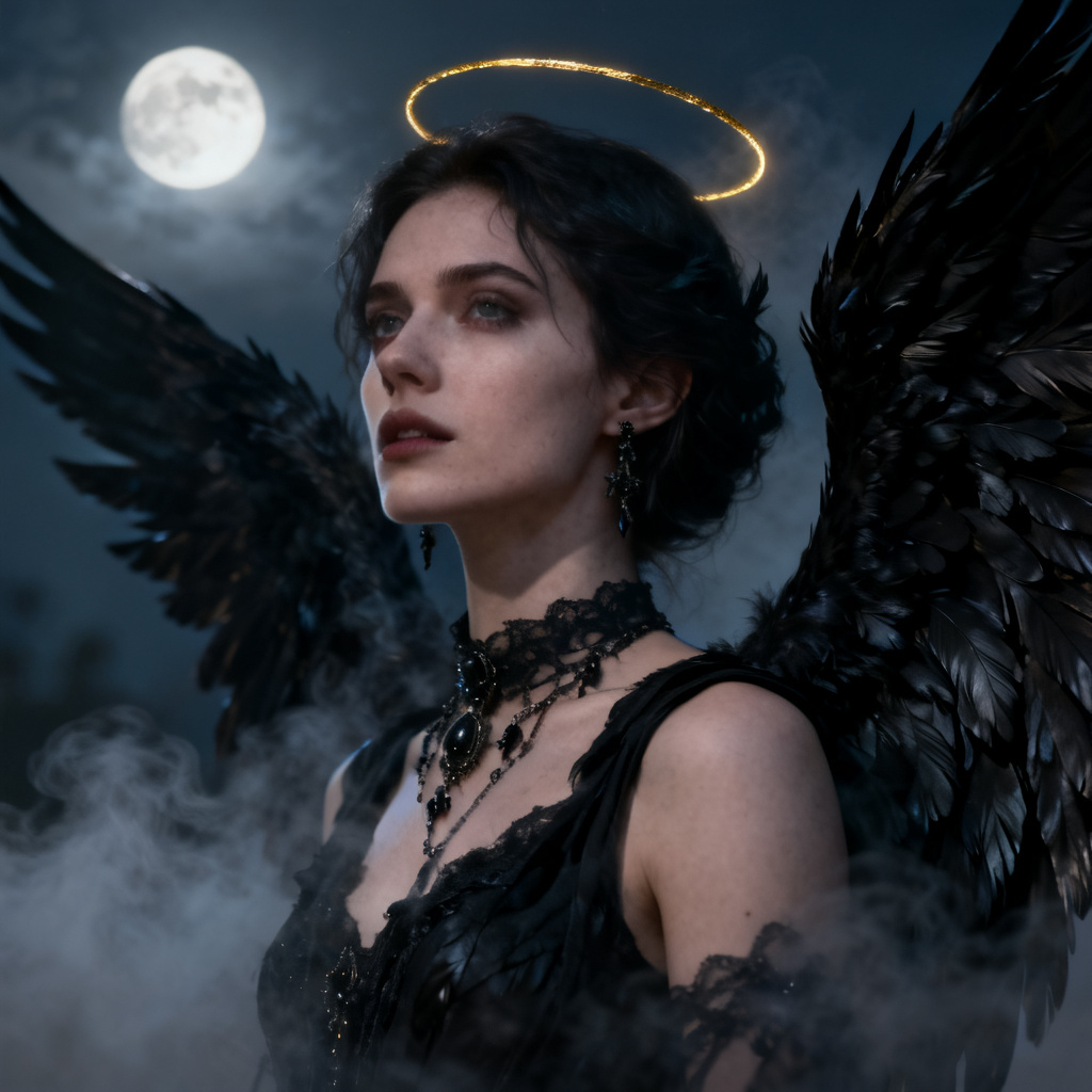 AI black angel portrait at midnight with obsidian wings