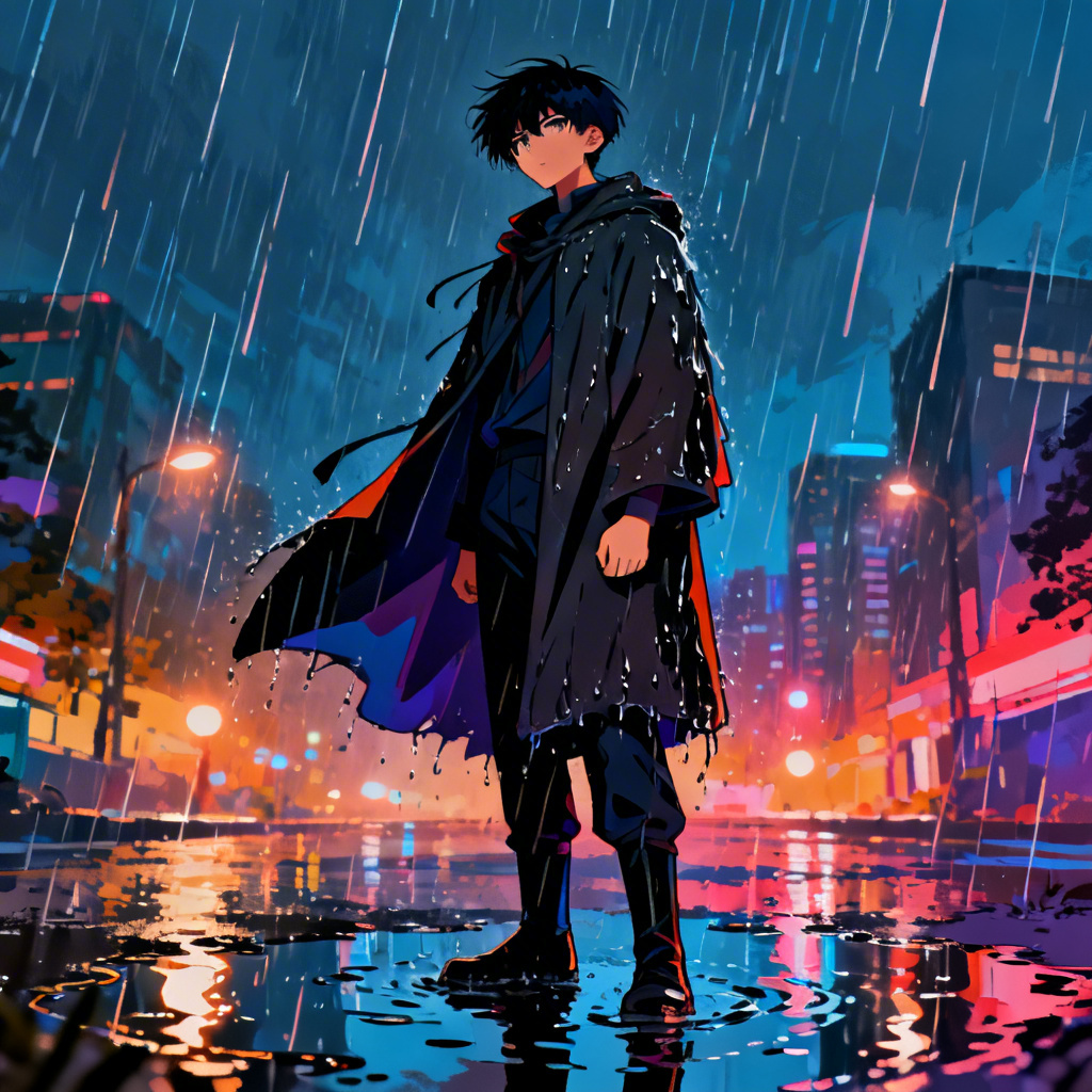Anime hero in rainfall with puddle reflections