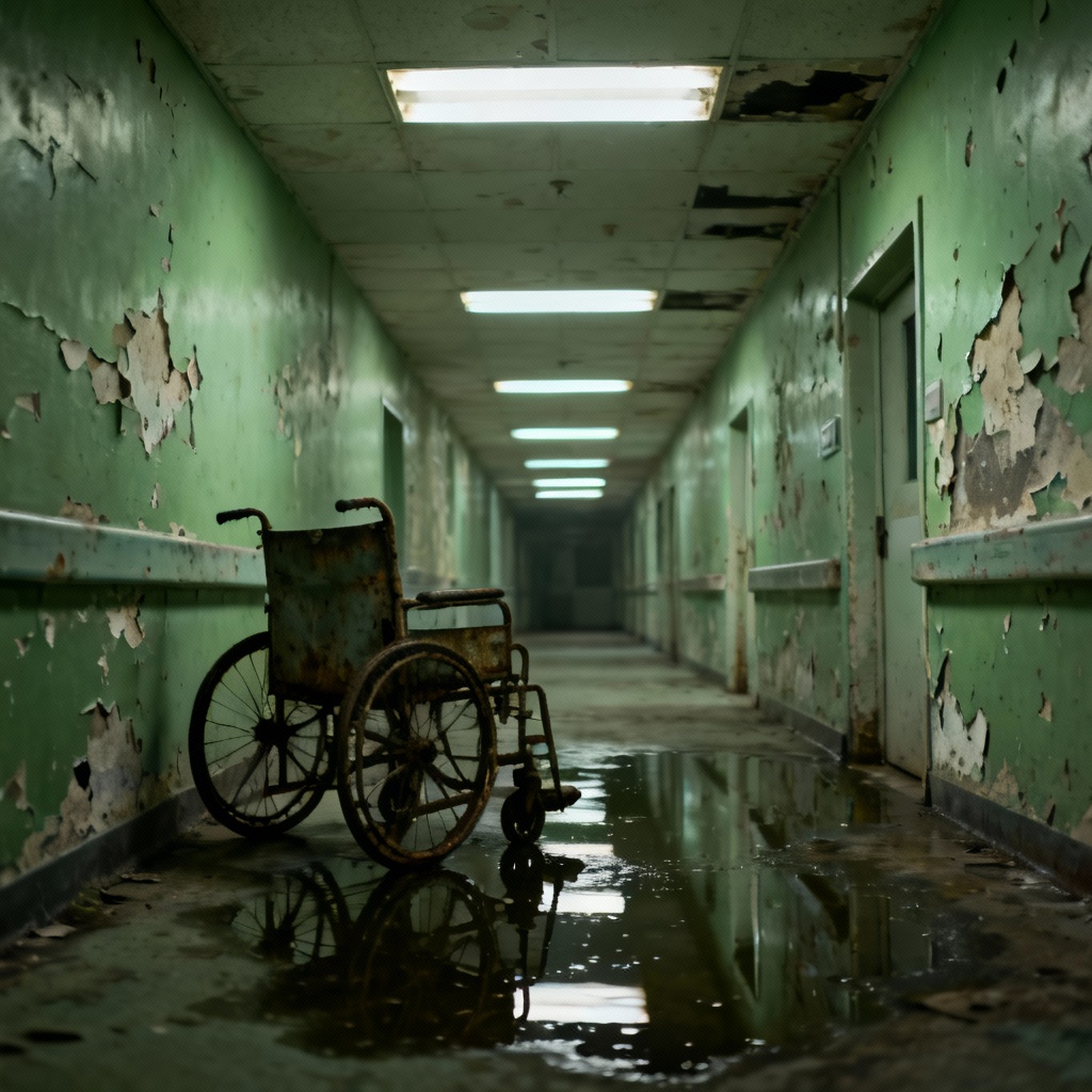 AI creepy abandoned hospital corridor with flickering lights