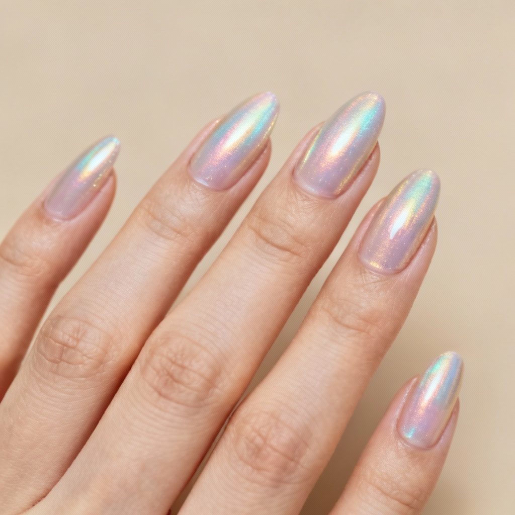 AI pastel chrome almond nail art design preview