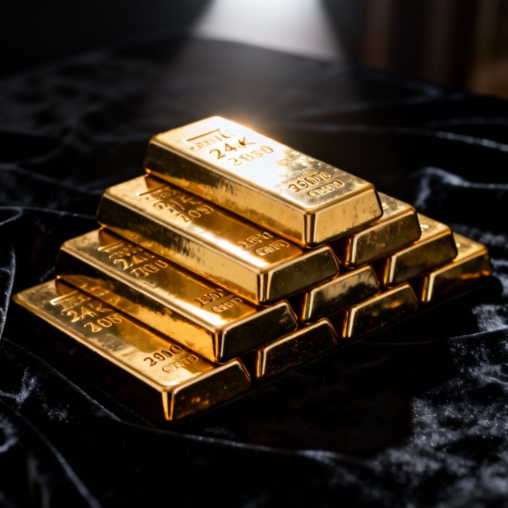 Stack of realistic 24k gold bars on a dark studio set