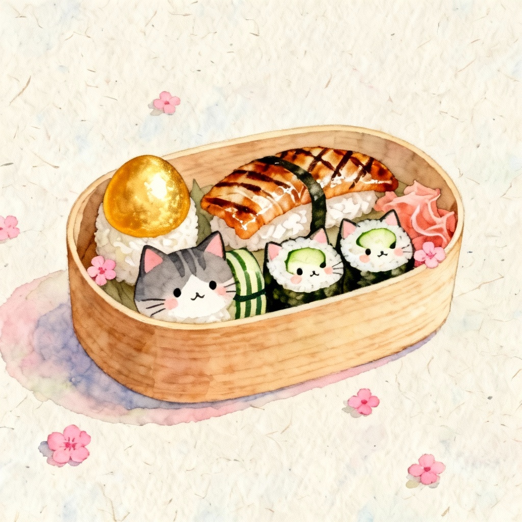 Watercolor bento box with multiple sushi cats