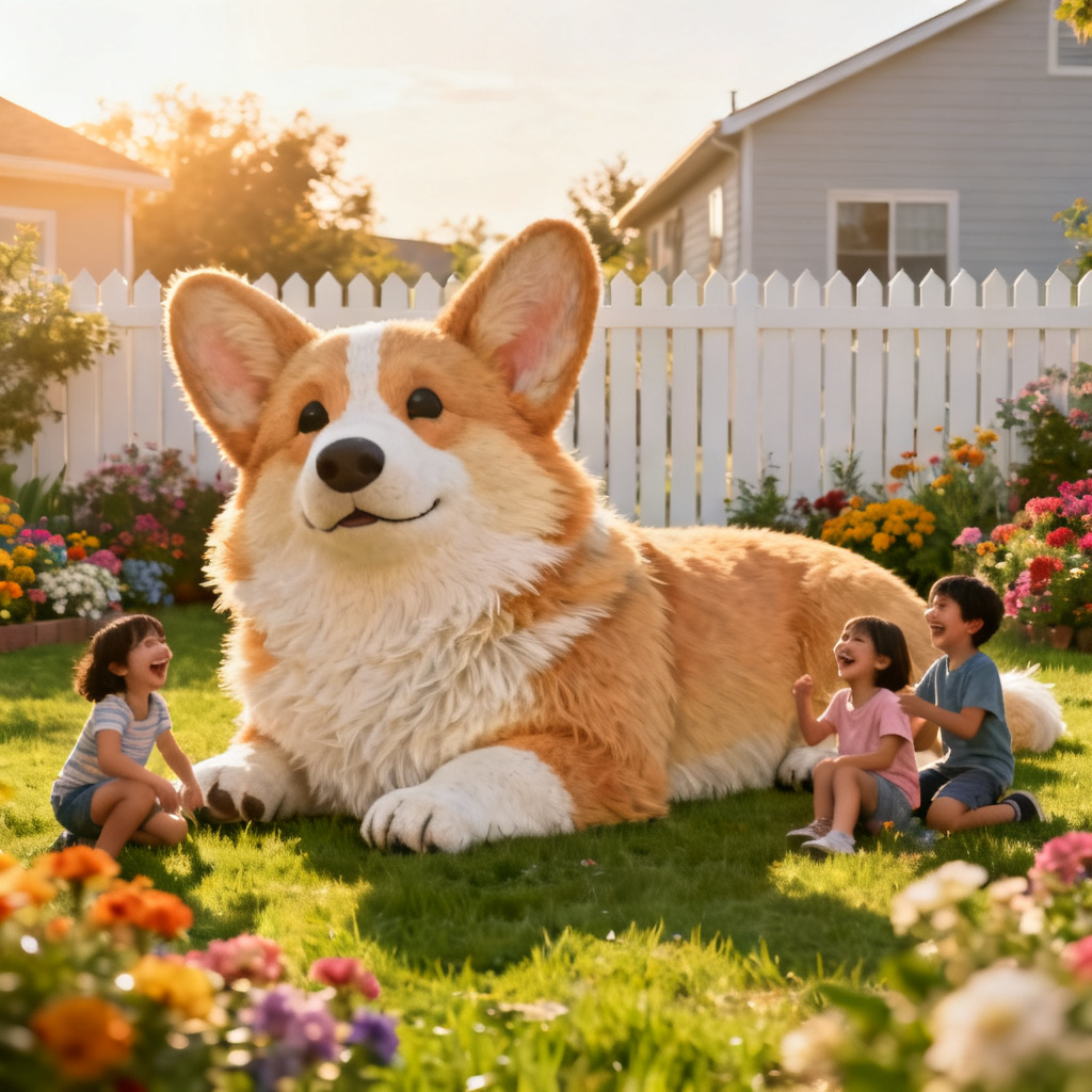 Giant corgi towering over a suburban backyard with kids