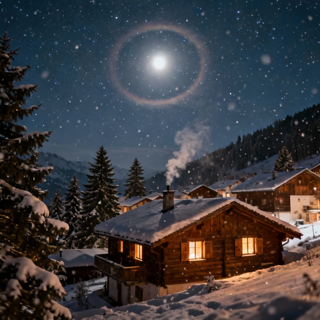 Cozy alpine village covered in fresh snow and warm windows