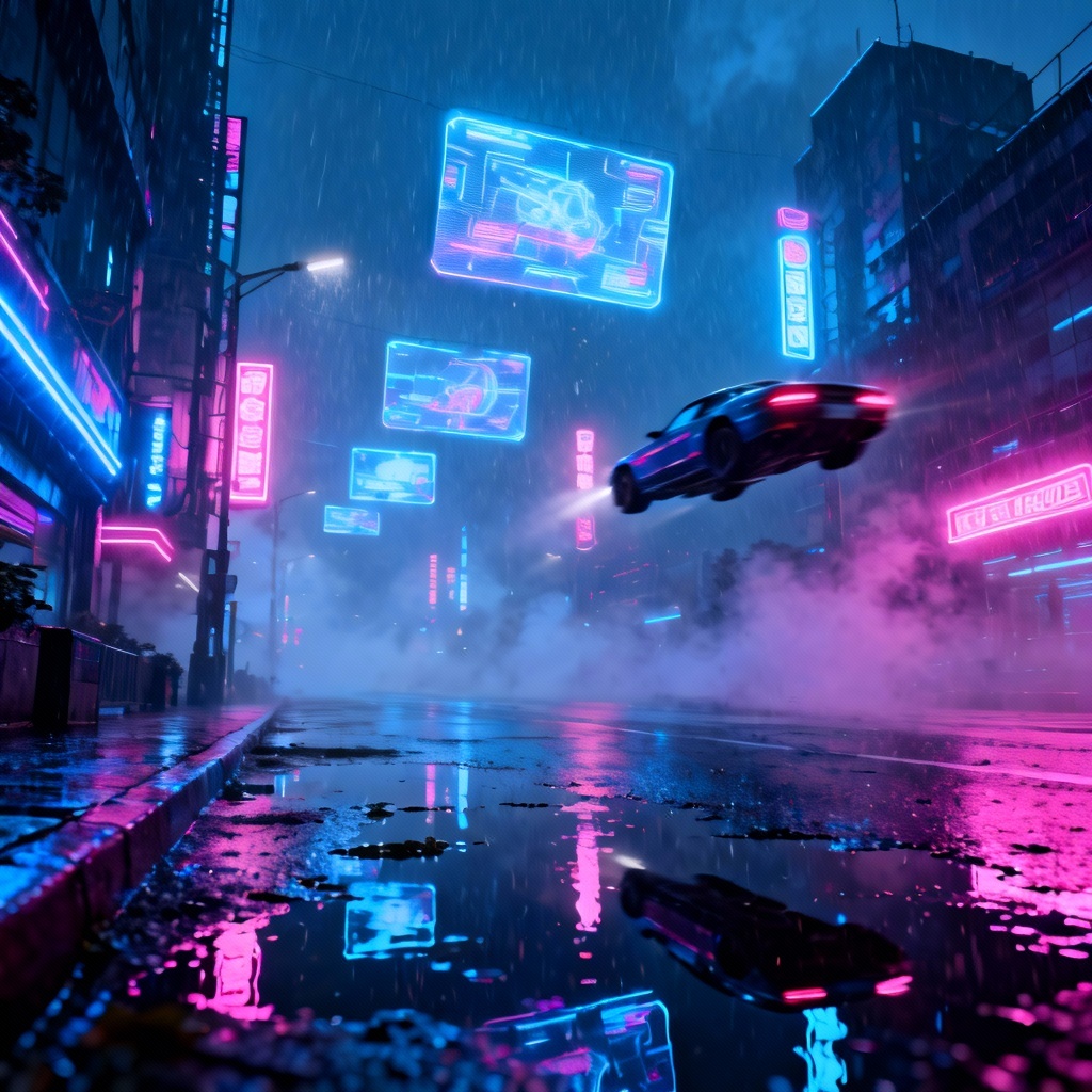 AI cyberpunk city at night with neon lights and rain