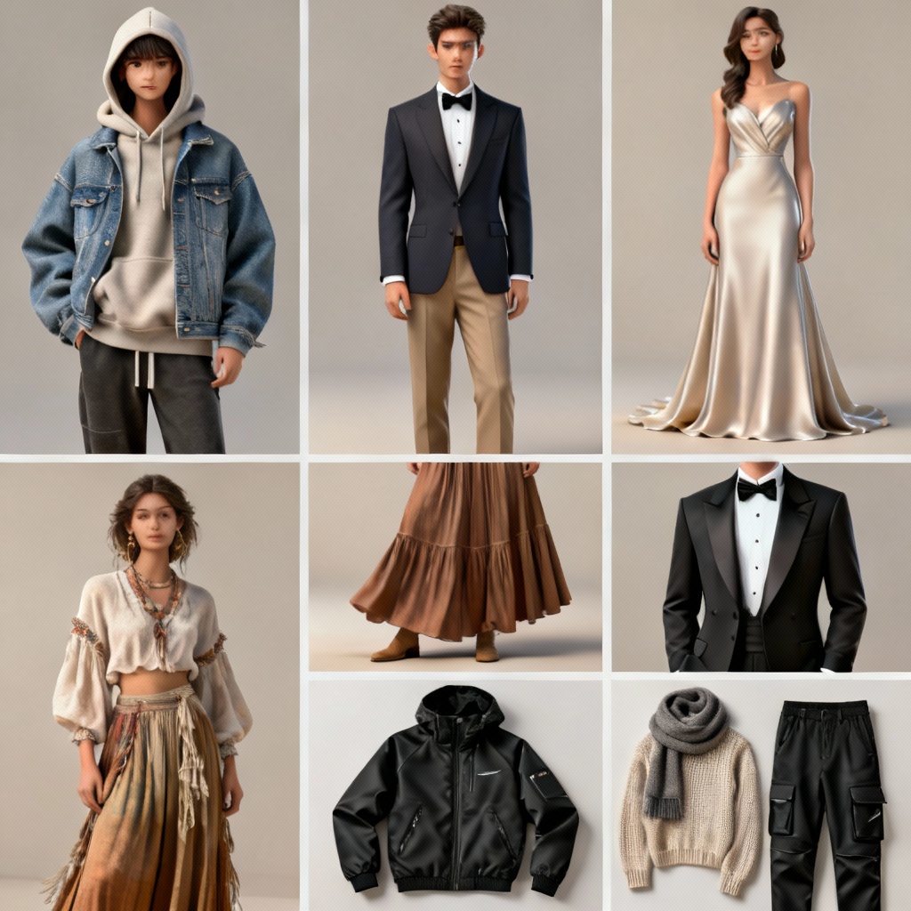AI outfit generator grid showing streetwear, business casual, formal, boho, techwear, and capsule wardrobe