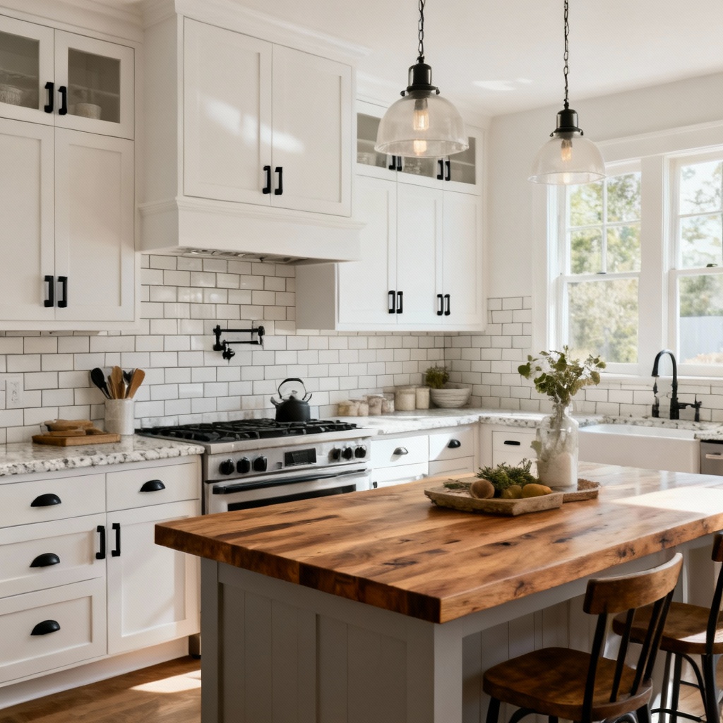 AI Modern farmhouse kitchen with shaker cabinets