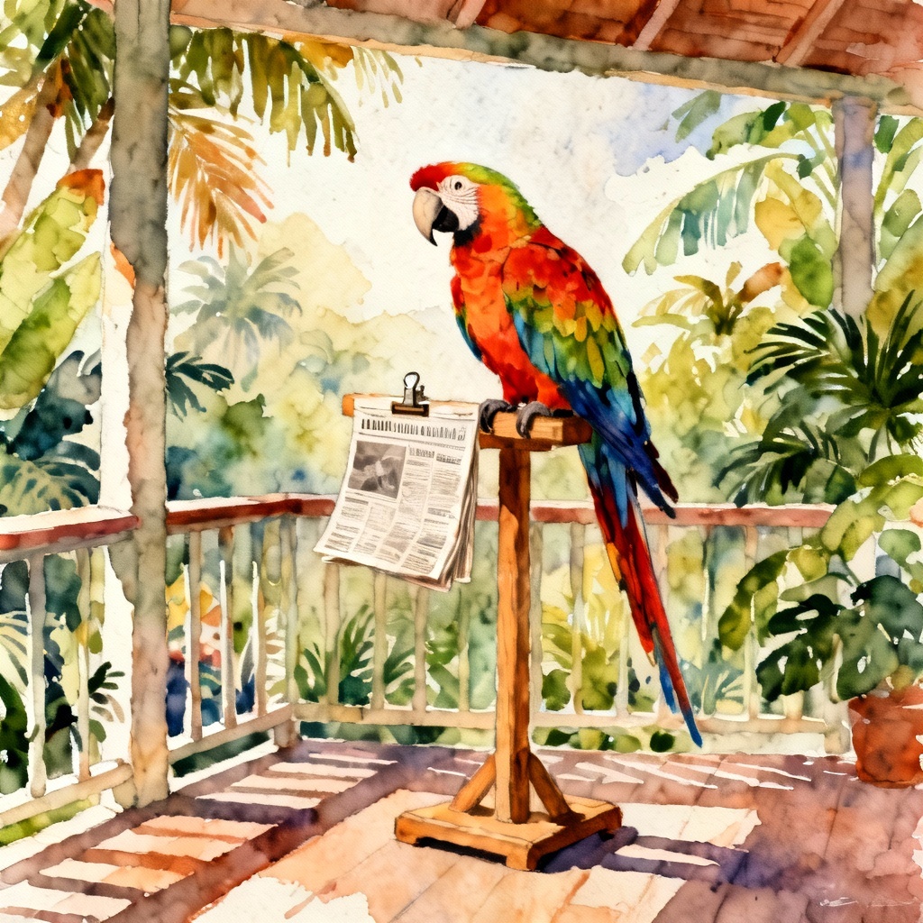 Colorful macaw parrot with a tiny newspaper in watercolor style