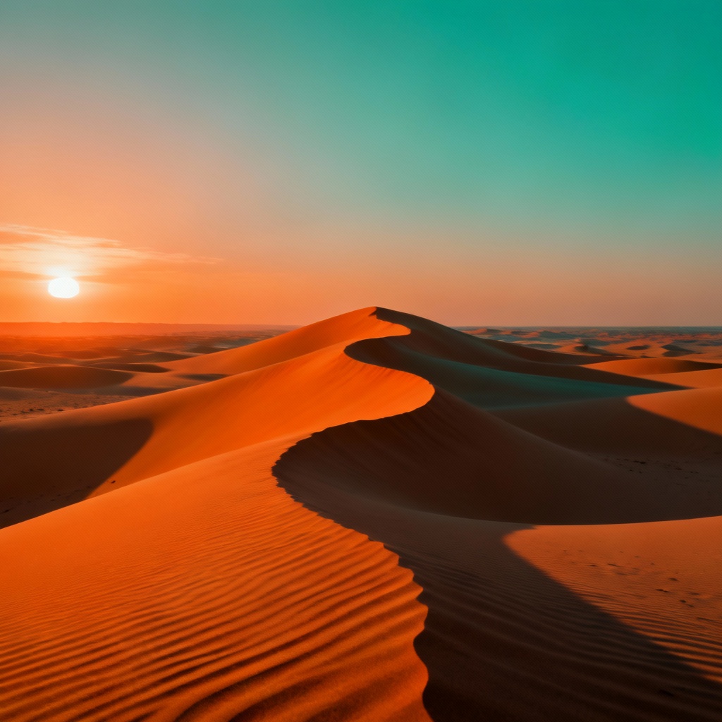 AI surreal ocean of sand dunes at sunset