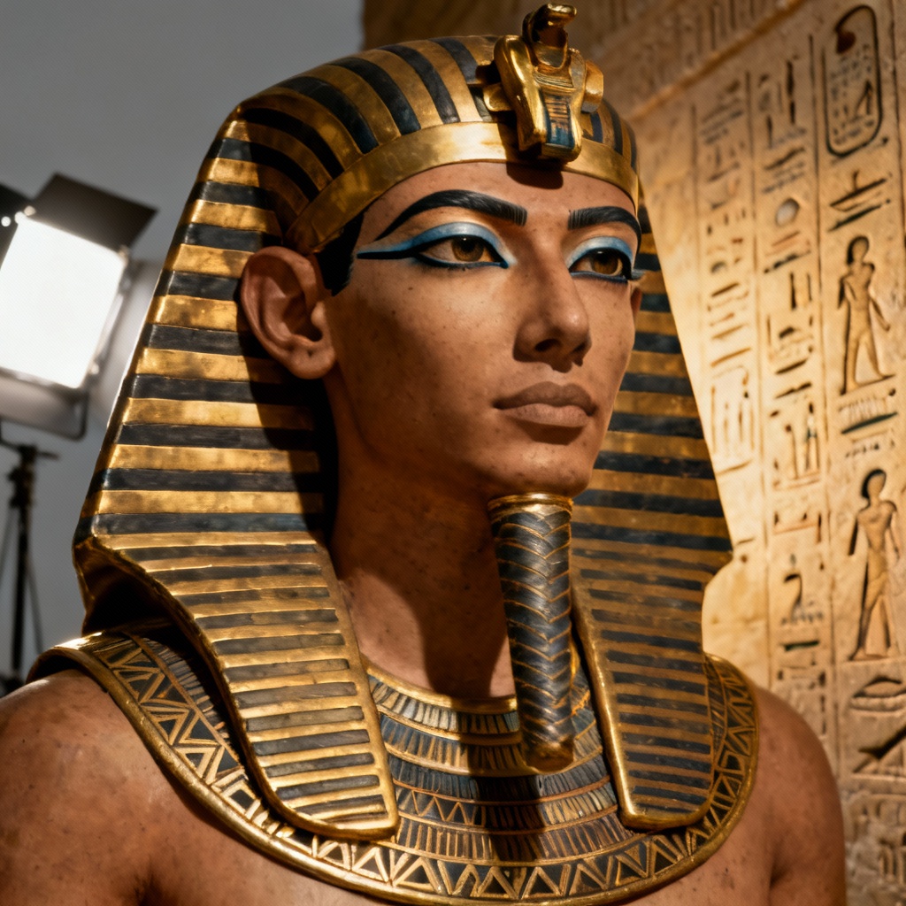 AI studio portrait of a pharaoh with hieroglyphic background