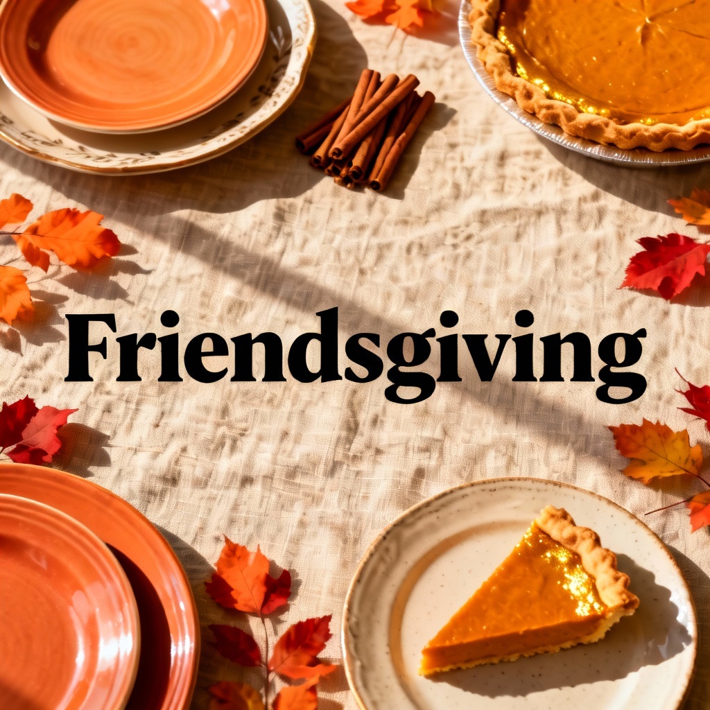 Friendsgiving banner flat lay with pie, foliage, and linen texture