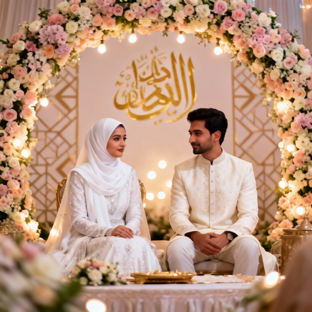 AI Muslim wedding couple at nikah stage with floral arch and calligraphy backdrop